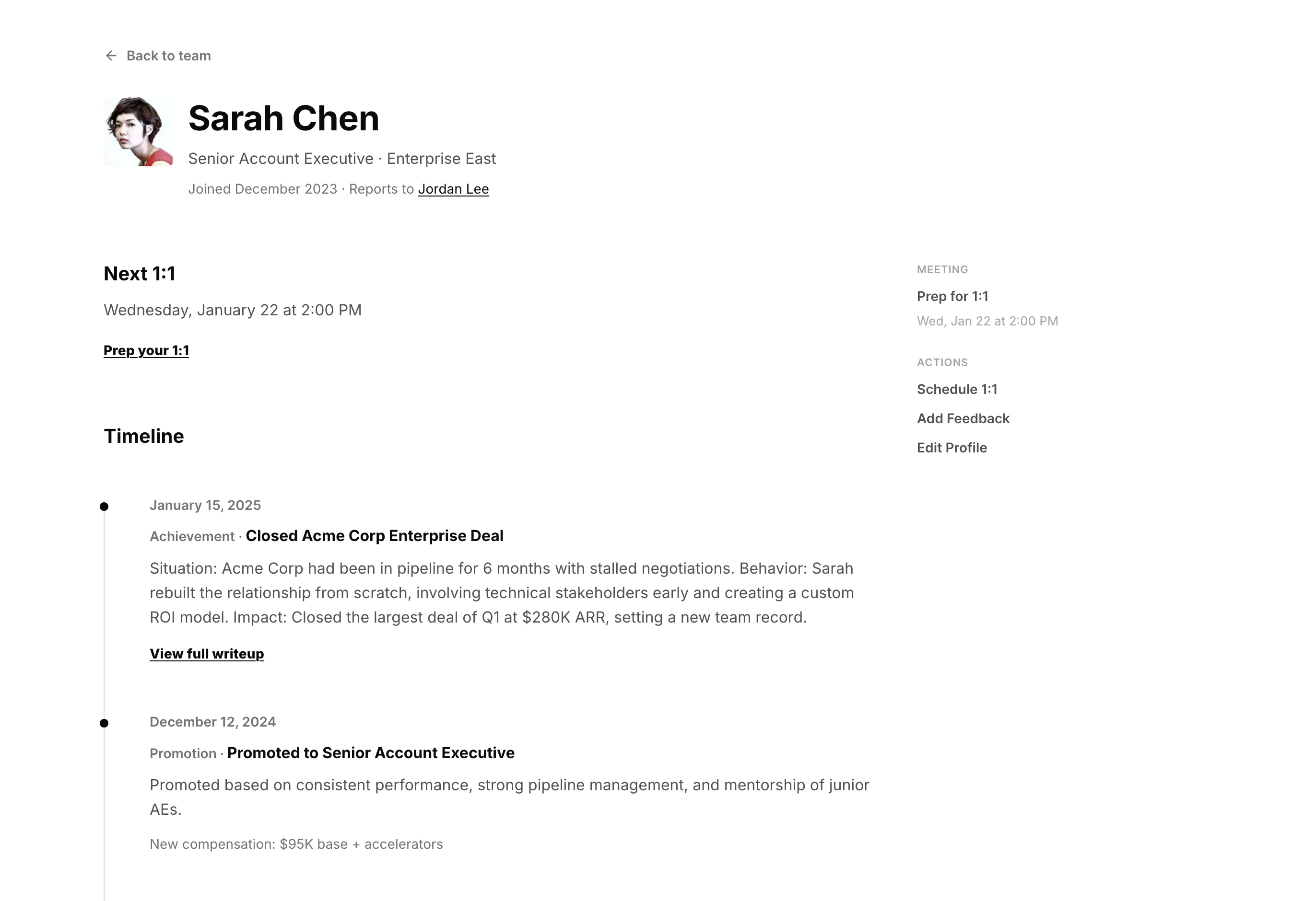 Timeline view showing complete employee story with feedback, achievements, and promotions