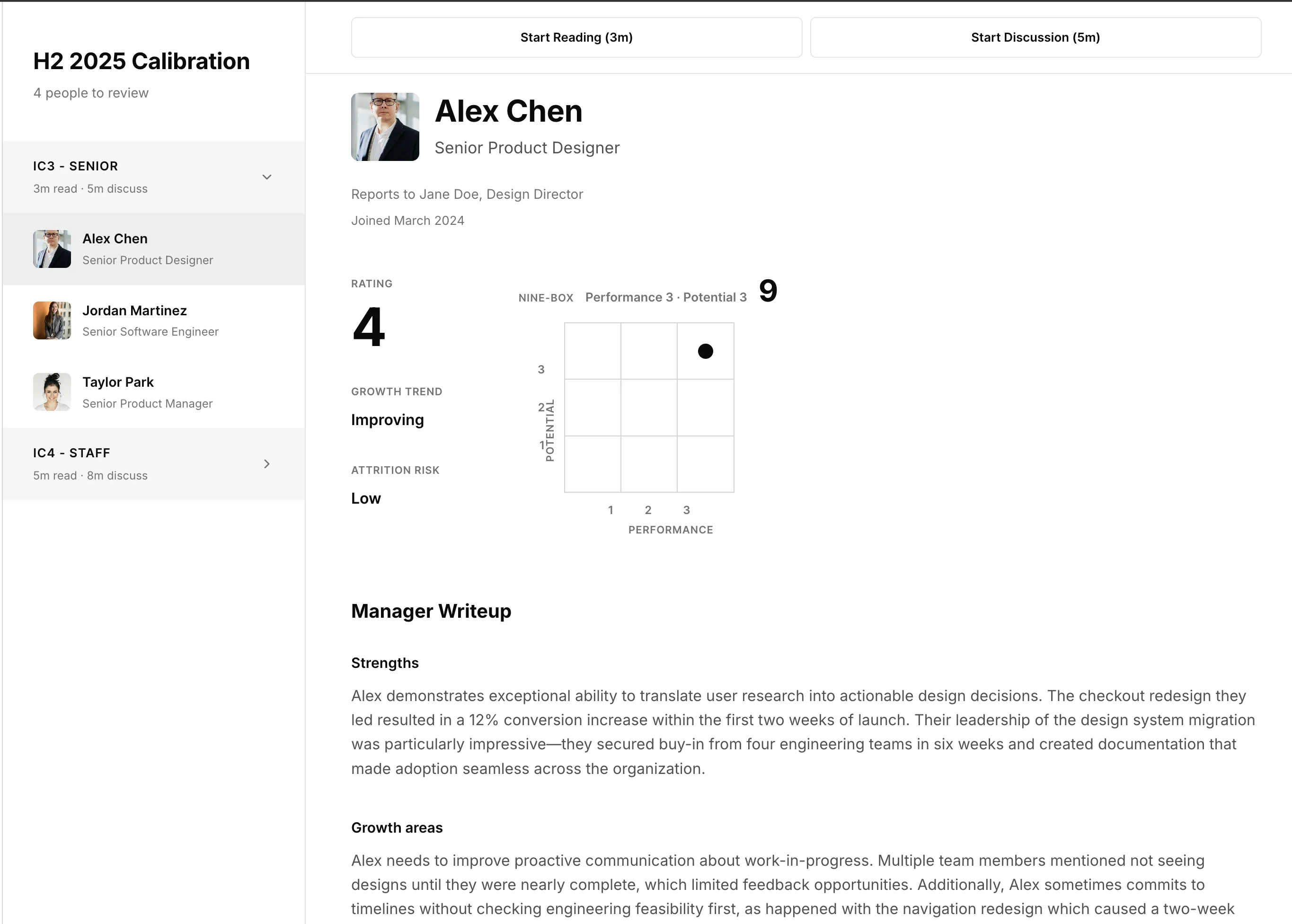 Calibration interface with 9-box grid for performance and potential ratings